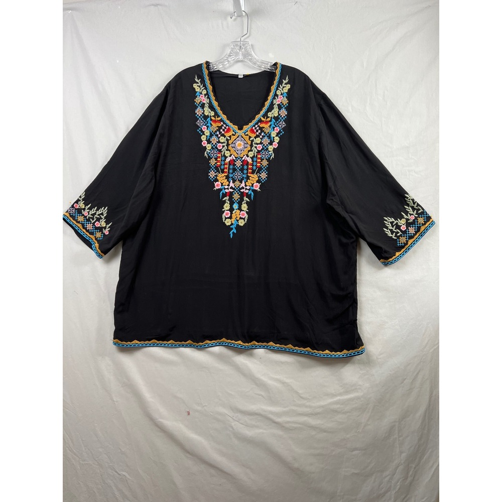 Grosy Embroidered Tunic Top Womens 4XL Black Boho Floral V-Neck 3/4 Sleeve NEW